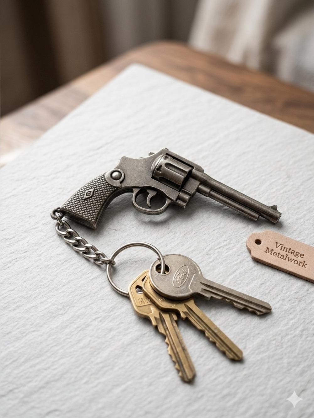 Vintage Revolver Keychain - Antique Silver Gun Keyring Backpack Charm